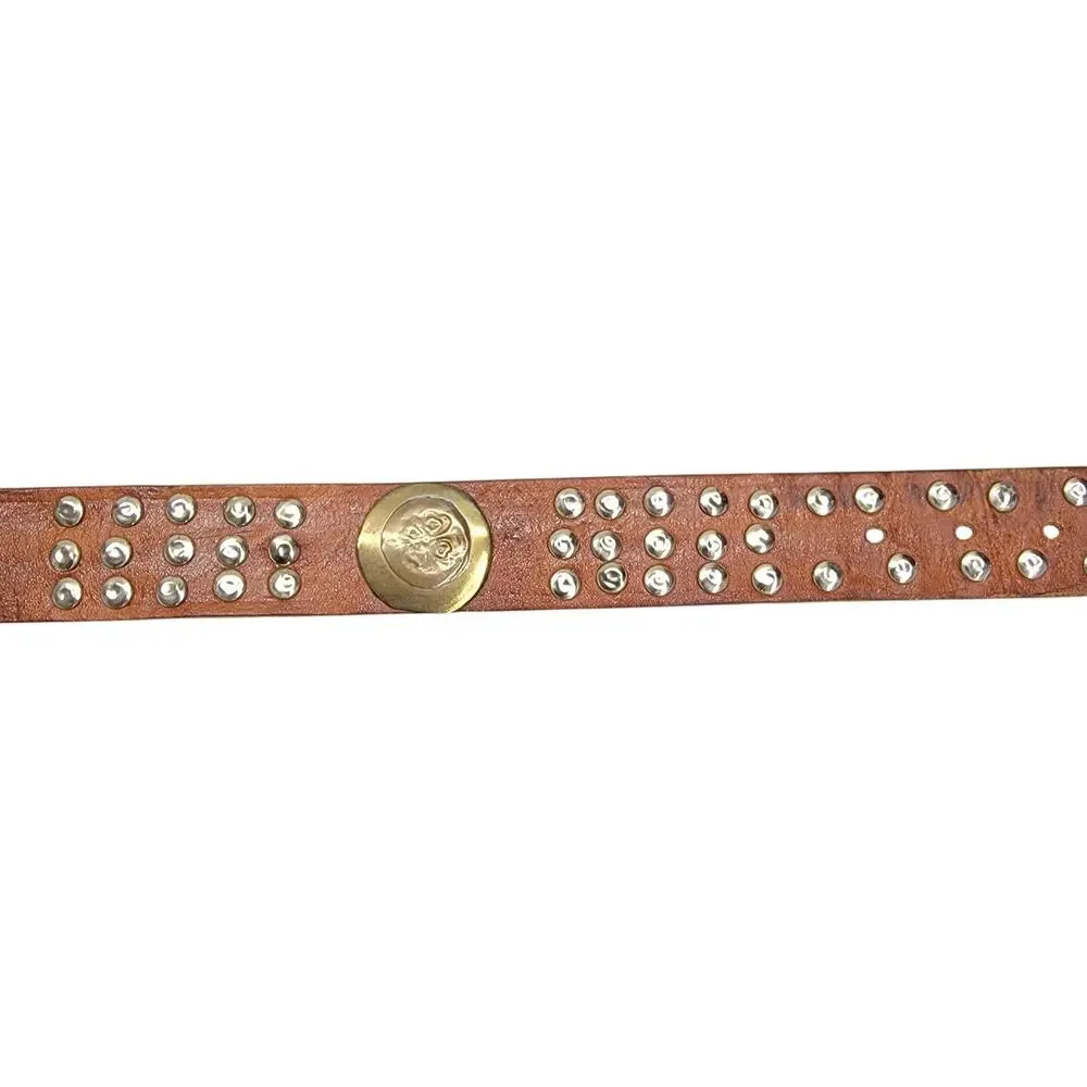 Vintage Brown Leather Studded Concho Belt Four Leaf Clover Silver Tone Boho